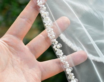 Pearls Bridal Veil, Fingertip Simple Pearls Veil, Elegant Wedding Veil, Crystal Beaded Veil, White Ivory Bridal Veil