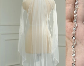 Beaded Edge Veil, Cathedral Pearls Veil, Long Wedding Veil, Crystal Edge Veil, Fingertip Bridal Veil