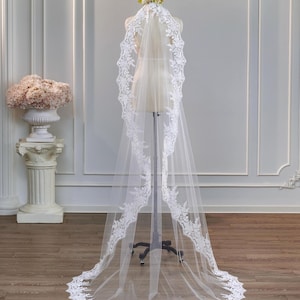 Handmade Rose Lace Mantilla Wedding Veil, Cathedral Custom Bridal Veil with Comb, Full Lace Veil Floral