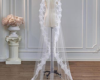 Handmade Rose Lace Mantilla Wedding Veil, Cathedral Custom Bridal Veil with Comb, Full Lace Veil Floral