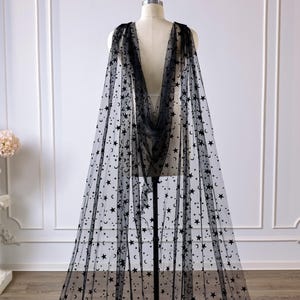 Handmade Celestial Star Moon Cape Veil, Gothic Black Tulle Cathedral Shawl Cape for Bride, Wedding Shoulder Cape for Party Halloween Whitchy image 4