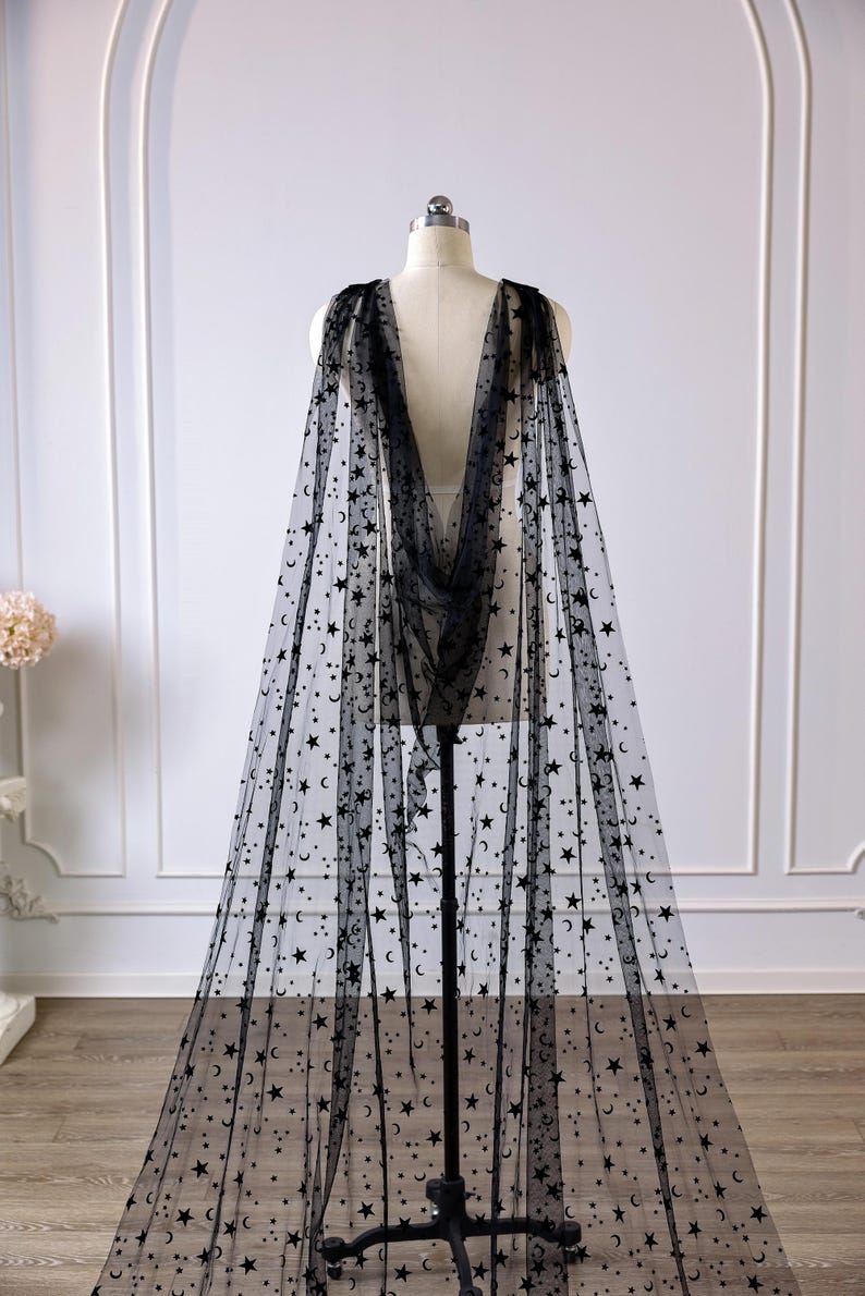Handmade Celestial Star Moon Cape Veil, Gothic Black Tulle Cathedral Shawl Cape for Bride, Wedding Shoulder Cape for Party Halloween Whitchy image 4