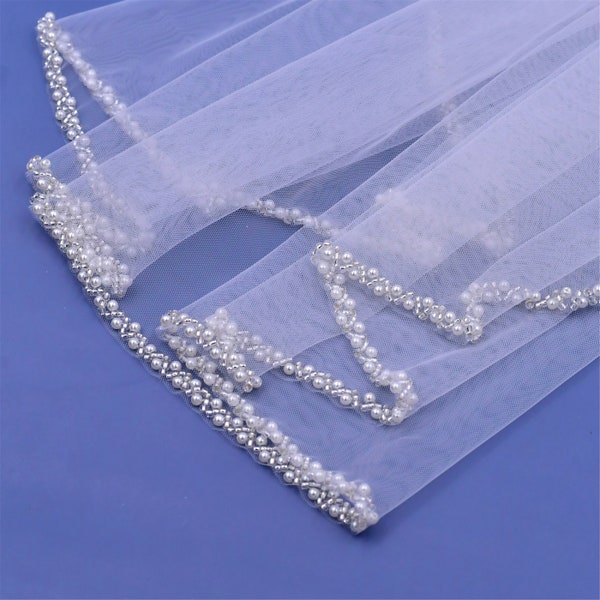 Beaded Bridal Veil, Pearls Trim Veil, Elegant Fingertip Veil, Crystal Edge Veil, Ivory Blusher Wedding Veil 1T 2T