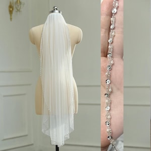 Beaded Edge Veil, Cathedral Pearls Veil, Long Wedding Veil, Crystal Edge Veil, Fingertip Bridal Veil