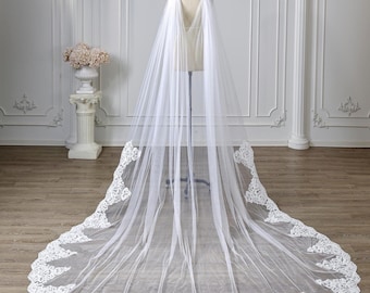 Handmade Wedding Lace Edge Bridal Cape, White Bridal Veil Long, Appliqué Sequins Lace Veils Ivory Custom Length