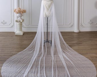 Scattered Pearl Bridal Cape, Sheer Tulle Cathedral Shoulder Cape with Rhinestone Neckline, Strapless Dress Cover Up, Custom Length