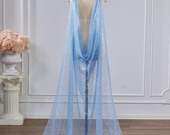 Sparly Tulle Cape Veil, Blue Bridal Shawl with Clips, Custom Wedding Cape Sequin Pearls Beads, Special Occasion Evening Party Cape with Neck