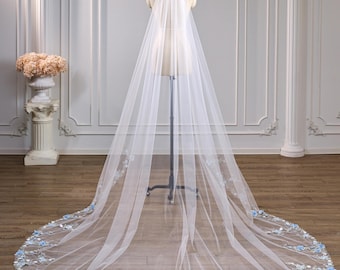 Handmade Flowers Lace Applique Bridal Veil, 1 Tier Cathedral Tulle Veil with Blue Floral Trim & Pearls, Romantic Fairy Wedding Veil Custom
