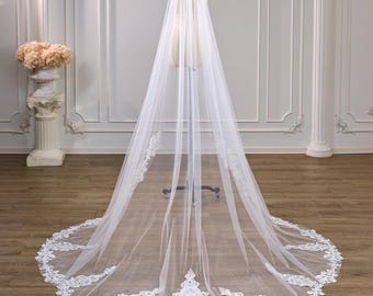 Floral Lace Wedding Veil, Handmade White Cathedral Sheer Tulle Bride Veil with Appliques Edge, Royal Scalloped Wedding Veil, Gift for Bride