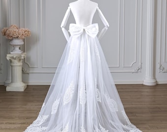 Removable Lace Wedding Train, Detachable Bridal Overskirt with Floral Lace Appliqué & Bow, Sheer Tulle Cathedral Train for Bride Custom