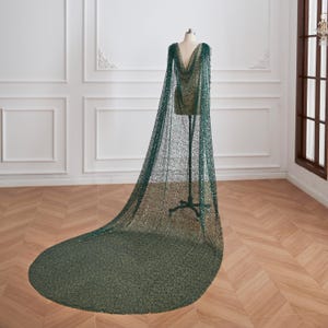 Sequin Pearl Tulle Cape Veil: Green Bridal Shawl with Clips