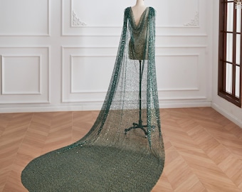 Sequin Pearl Tulle Cape Veil: Emerald Green Bridal Shawl with Clips