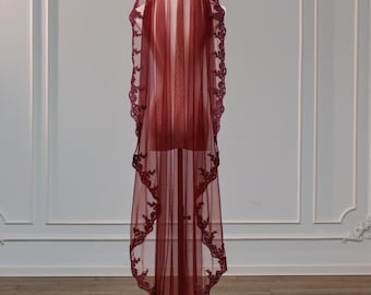 Burgundy Lace Mantilla Wedding Veil, Floor Long Single Tier Bridal Veil with Lace Trim, Spanish Style Wine Red Lace Edge Veil with Comb