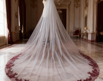Handmade Wine Red Lace Cathedral Veil, Bridal Applique Edge