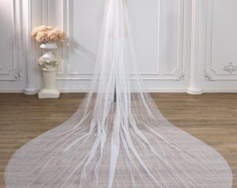 Fairy Hnademade Bridal Veil, Sheer Tulle Wedding Veil with Scattered Pearls, Rhinestones Veil with Comb