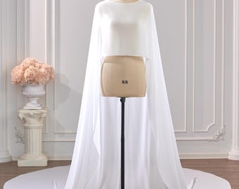 Handcrafted Silk Chiffon Bridal Cape Veil, Long Train, Ivory White