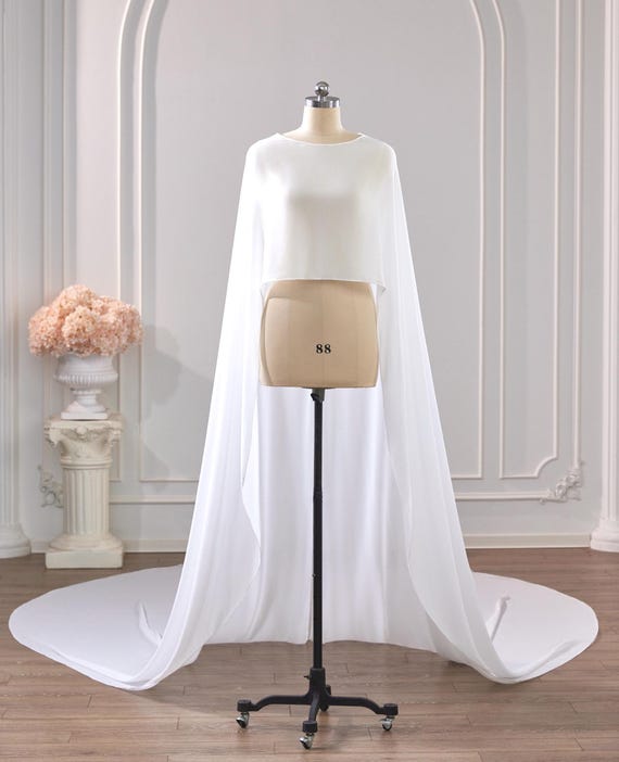 Handcrafted Silk Chiffon Bridal Cape Veil, Long Train, Ivory White