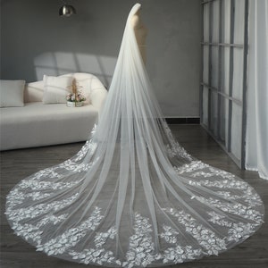 Floral Cathedral Veil, Petals Bridal Veil, 3D Lace Appliques Wedding Veil, Gorgeous Garden Veil