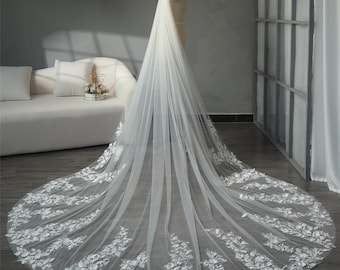 Floral Cathedral Veil, Petals Bridal Veil, 3D Lace Appliques Wedding Veil, Gorgeous Garden Veil