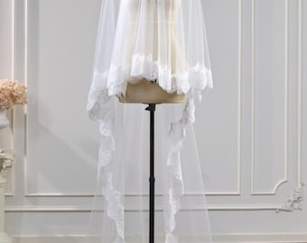 White Lace Applique Wedding Veil with Blusher, 2 Tieres Face-Covered Bridal Chantity Lace Veil, Long Veil with Blusher Handmade Custom