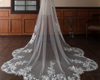 Scalloped Edge Wedding Veil, Cathedral Bridal Veil, Lace Appliques Veil with Sequins, Custom Veil, Sequined Veil