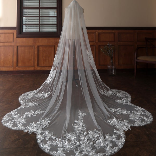 Scalloped Edge Wedding Veil, Cathedral Bridal Veil, Lace Appliques Veil with Sequins, Custom Veil, Sequined Veil