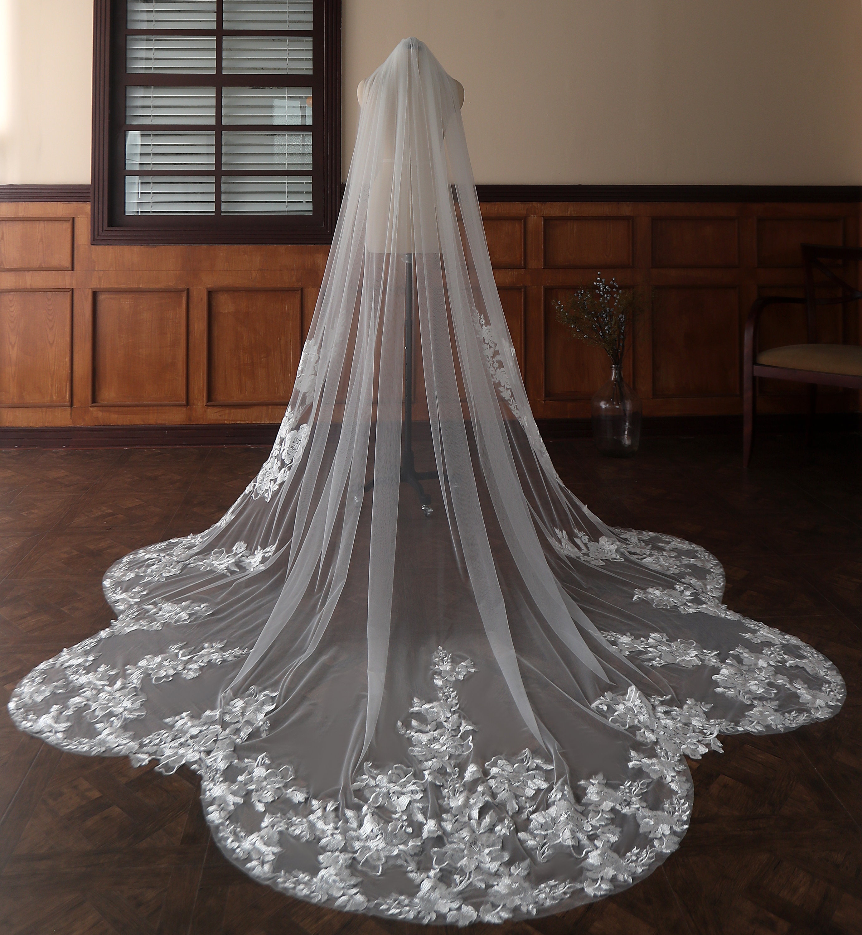 Jacqueline Sheer French lace scallop Cathedral veil –