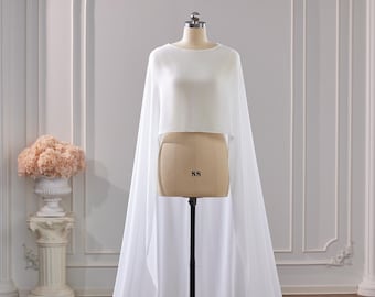 Handgefertigter Braut-Cape aus Seiden-Chiffon, Schleier, lange Schleppe, Elfenbein-Weiß