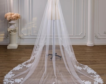 Oversized Peony Lace Applique Bridal Veil, Cathedral Length White Tulle Veil with Sequined Floral Lace Edge, Romantic Wedding Headpiece