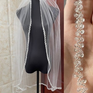 Beaded Bridal Veil, Beads Trim Veil, Beaded Fingertip Veil, Crystal Sequins Edge Veil, Ivory Veil, Wedding Veil