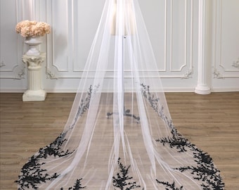 Handcrafted Gothic Beaded Lace Bridal Veil, Cathedral Tulle Veil with Black Floral Lace Appliques & Sequins, Chic Wedding Headpiece
