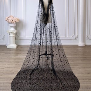 May include: A floor-length black sheer cape made of tulle fabric, featuring an all-over pattern of small black stars and crescent moons. The cape is draped over a mannequin, extending to the floor with a wide, rounded train at the base.