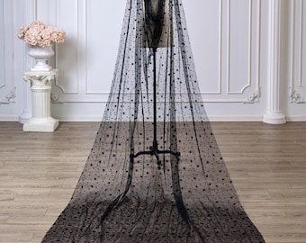 Handmade Celestial Star Moon Cape Veil, Gothic Black Tulle Cathedral Shawl Cape for Bride, Wedding Shoulder Cape for Party Halloween Whitchy