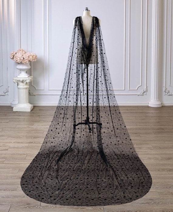 Handmade Celestial Star Moon Cape Veil, Gothic Black Tulle Cathedral Shawl Cape for Bride, Wedding Shoulder Cape for Party Halloween Whitchy