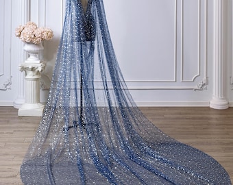Dark Blue Handmade Starry Wedding Cape Veil, Celestial Cathedral Shawl Cape, Bridal Cape with Sparkling Stars, Romantic Party Evening Cape
