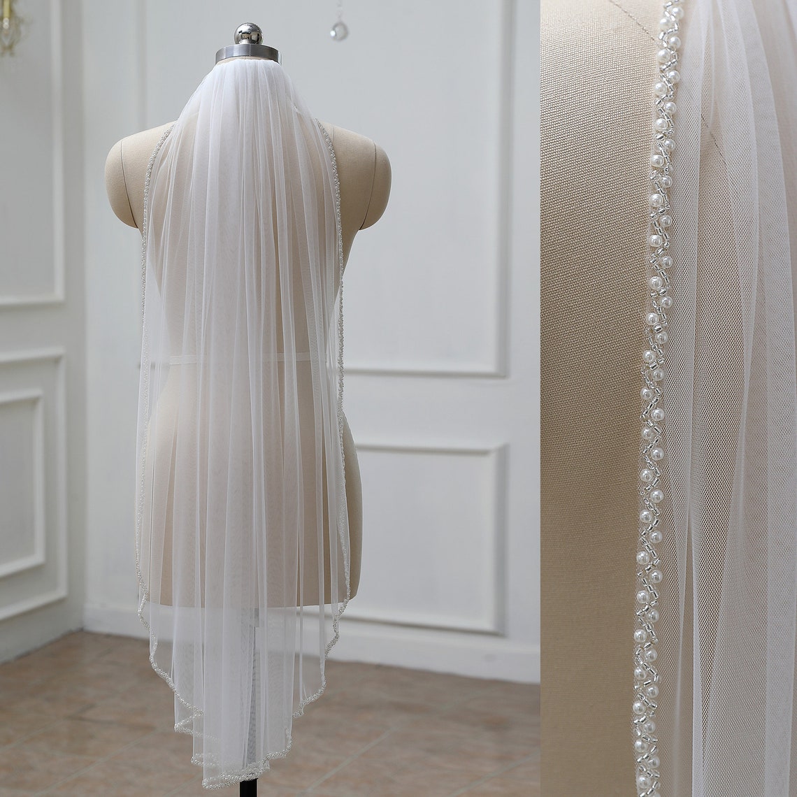 Beaded Bridal Veil Pearls Trim Veil Elegant Fingertip Veil Etsy