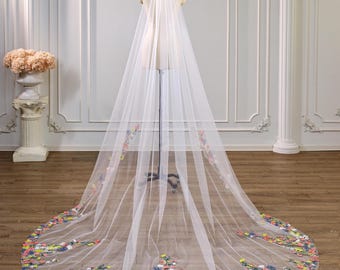 Colorful Wildflower Cathedral Wedding Veil, One Tier Tulle Veil with Multicolor Floral Appliques, Bridal Veil with Comb for Garden Weddings