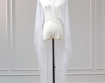 White Wedding Cape Veil, Sheer Tulle Cape with Neck Tie, Wedding Capelet Shawl with Scattered Pearls, Handmade Modern Bridal Accessory