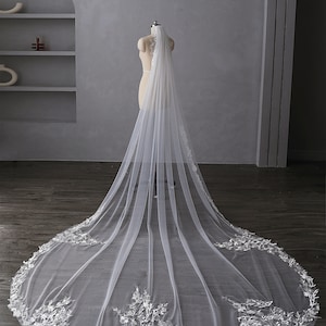 Handmade Floral Lace Cathedral Veil: Ivory Bridal Appliques