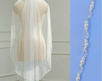 1 Tier Beaded Edge Veil, Fingertip Pearls Veil, Crystal Edge Wedding Veil, Pearls Veil