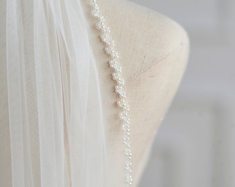 Beaded Bridal Veil, Pearls Veil, Fingertip Ivory Veil, Handmade Crystals Veil, Waltz Wedding Veil, Ivory Veil, Custom Wedding Veil