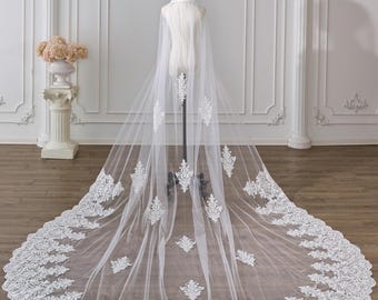 White Hooded Lace Cape Veil, Cathedral Length Bridal Tulle Cape with Lace Appliqués, Medieval Style Wedding Cloak with Satin Bow