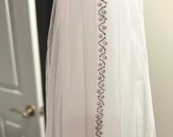 Handmade Beaded Bridal Veil: Pearl & Crystal Trim, Soft Tulle