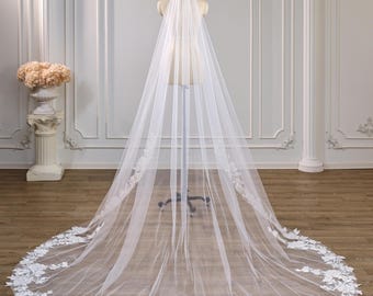 Lace Cathedral Wedding Veil, Large Flower Applique Bridal Veil with Sparkly Sequin Flower & Leaf Lace, Elegant Sheer Tulle Veil with Comb