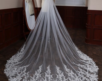 Lace Wedding Veil, Cathedral Bridal Veil, Gorgeous Lace Appliques Veil, Floral Elegant Embroidery Veil