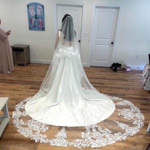 Pode incluir: Um vestido de noiva branco com uma longa cauda e véu. O véu é adornado com detalhes intrincados de renda nas bordas. O vestido tem um corpete ajustado e uma saia fluida, criando uma silhueta elegante.