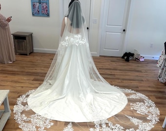 Handmade Lace Applique Cathedral Wedding Veil with Blusher, Full Lace Veil, Drop Veil- Custom Length & Color