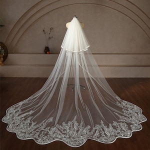 Scalloped Edge Wedding Veil, Blusher Bridal Veil, Lace Appliques Veil with Sequins, Custom Veil, 2 Tiers Veil