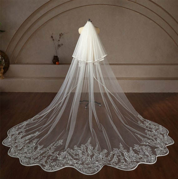 Ivory 5 Scallop Wedding Veil with Sequins and bead appliques-handmade Royal Veil Floral Applique and Bead Scalloped Cathedral Veil | David main image 2