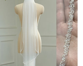 1 Tier Beaded Edge Veil, Fingertip Pearls Sequins Veil, Elegant Wedding Veil, Crystal Pearls Veil, Ivory Bridal Veil